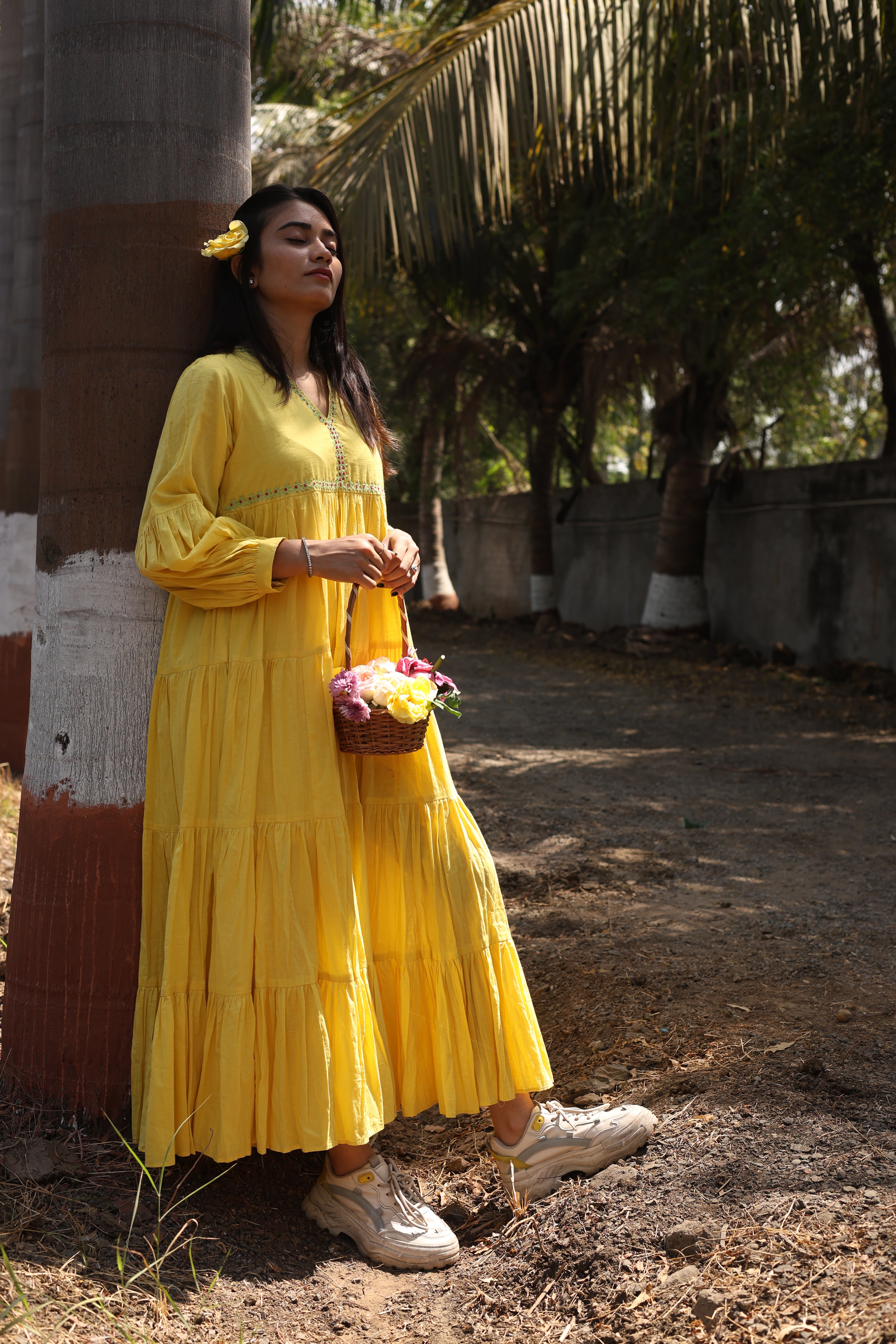 Layerd maxi dress with balloon sleeve