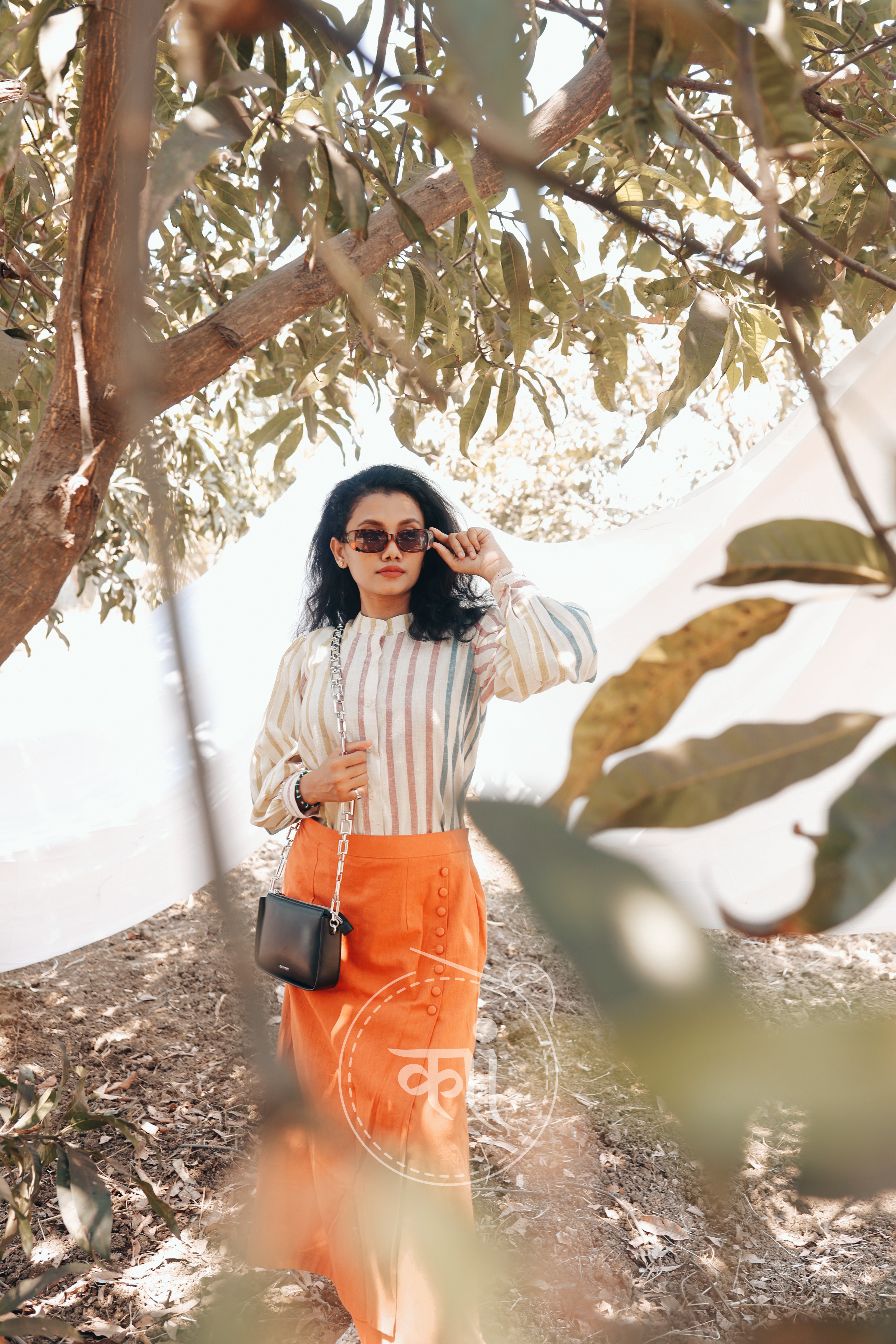 Handwoven strip shirt with long slit skirt