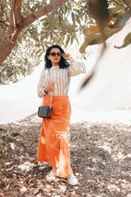 Handwoven strip shirt with long slit skirt