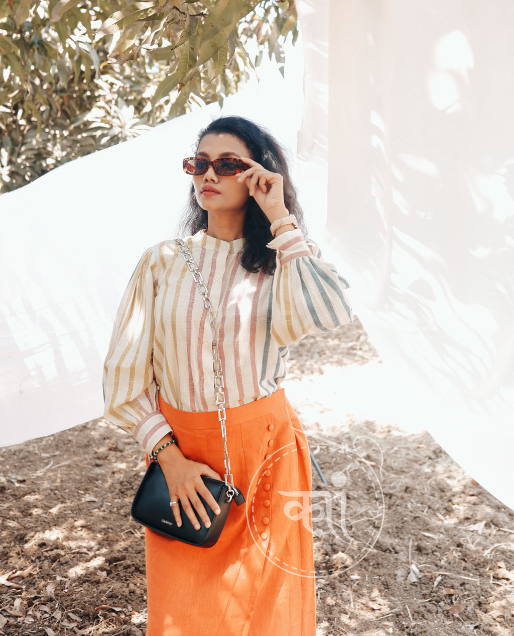 Handwoven strip shirt with long slit skirt