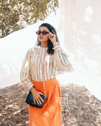 Handwoven strip shirt with long slit skirt