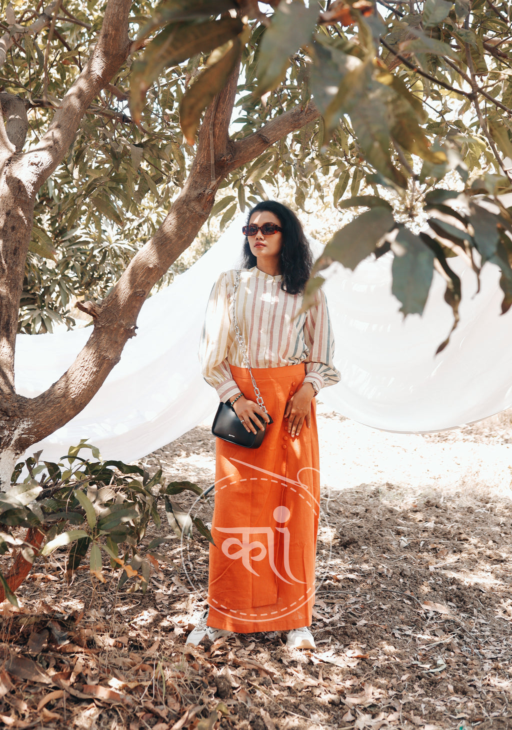 Handwoven strip shirt with long slit skirt